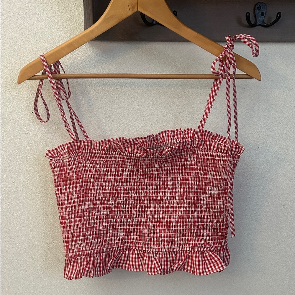 English Factory Red and White Smocked Crop Top, size medium